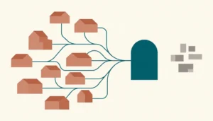 Abstract illustration of rooftop shapes connected to an arch symbolizing an Airbnb website builder for direct bookings