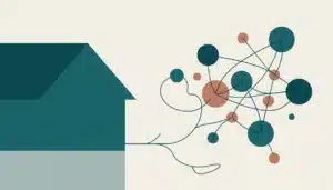 Abstract illustration of a rooftop shape connected by branching lines to nodes, symbolizing a direct booking strategy for holiday rentals