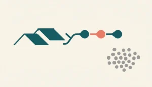 Abstract flat illustration of a rooftop shape connected by branching nodes, symbolizing direct booking tools for short-term rentals