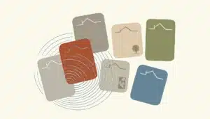 Abstract tiles representing examples of property descriptions arranged in an editorial flat illustration