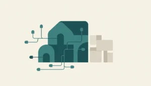 Abstract illustration comparing direct booking fee models with roofline shapes and connected payment nodes