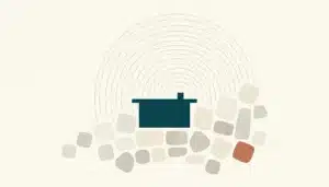 Flat illustration of a teal house shape radiating arcs above scattered tiles, symbolizing how to stand out on Airbnb