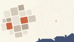 Abstract illustration of scattered content tiles and radiating search arcs symbolizing how to write blog posts for rental property