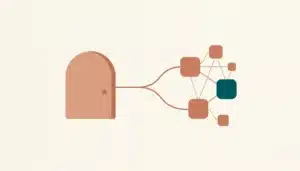 Abstract illustration of a doorway shape linked by a branching line to connected nodes, symbolizing PMS Connect integration