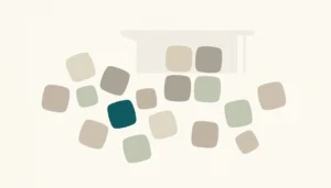 Scattered rounded tiles representing vacation rental blog topics in a flat teal and neutral editorial illustration