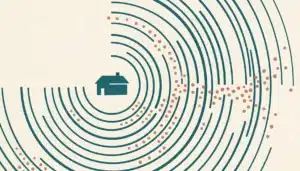 Abstract illustration of radiating search arcs around a house silhouette symbolizing vacation rental keywords and SEO visibility