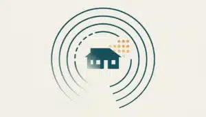 Abstract illustration of a house silhouette with broken search ripples, symbolizing an Airbnb listing vanished from search