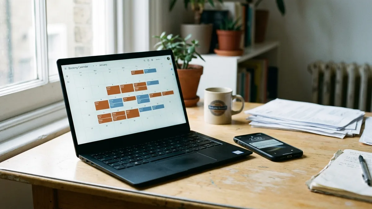 Booking calendar on a laptop showing PMS to WordPress website sync without a developer
