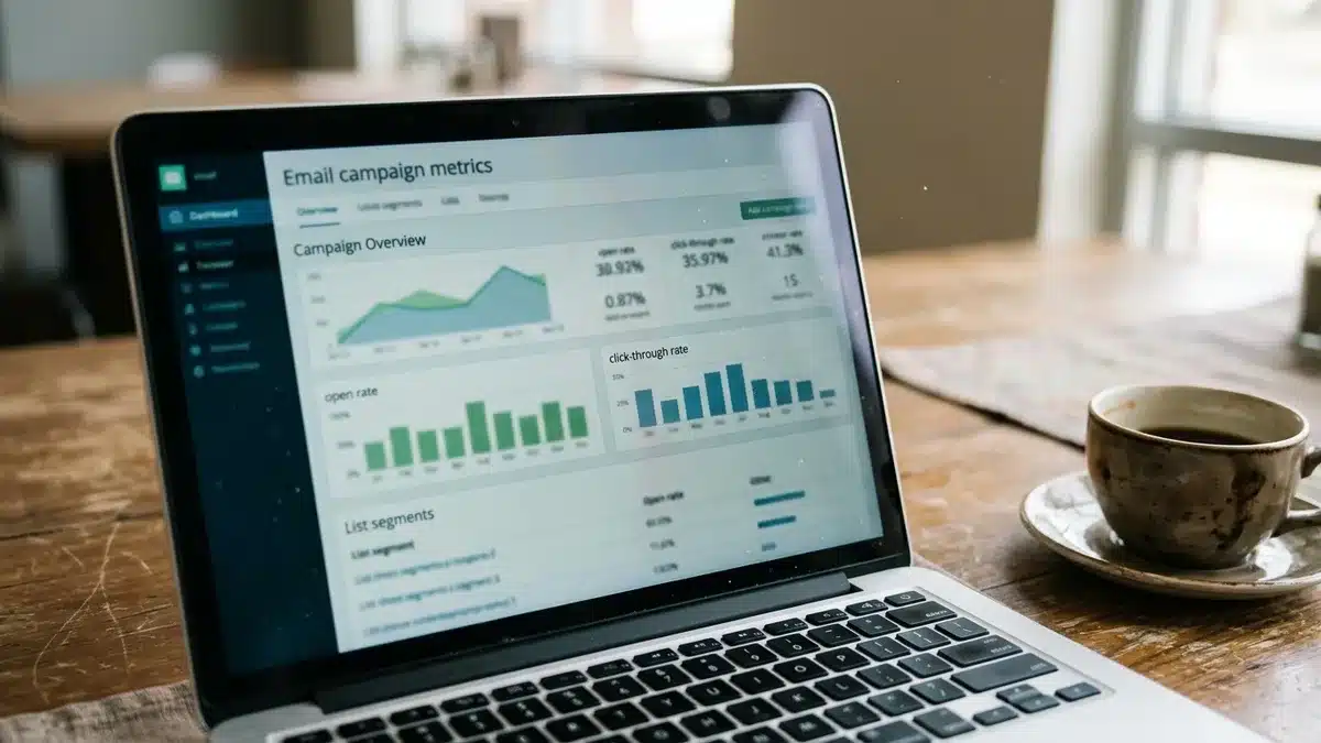 Email list rental performance metrics on a laptop dashboard