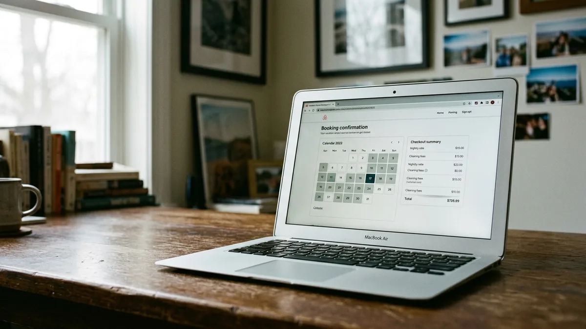 Vacation rental booking page with live calendar and checkout total synced from a PMS for short-term rentals
