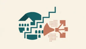 Abstract illustration comparing Airbnb and Booking.com host profit paths with two overlapping geometric shape clusters