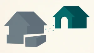 Airbnb fees change illustrated as a shrinking grey house cluster beside a smaller teal house with arched doorway