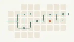 Abstract illustration of calendar tiles connected by a branching line symbolizing airbnb pay payout timing and delays
