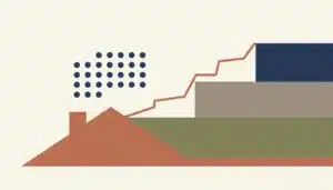 Flat illustration of a rooftop shape with a rising line and layered blocks symbolizing whether Airbnb rentals are profitable