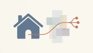Flat illustration of a house silhouette with a terracotta path passing a barrier of blocks and branching, for guest email access after checkout