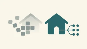 Flat illustration of a teal house silhouette feeding dots into a tidy grid, beside faded grey tiles, on capturing guest data from short-term rental bookings
