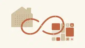 Flat illustration of a house roofline and rounded tiles joined by a looping terracotta line, for connecting a PMS to WordPress without a developer