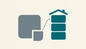 Flat illustration of a grey block and stacked teal tiles under a roofline, showing how to convince a co-owner on booking tools