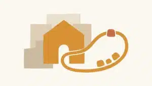 Flat illustration of a house roofline with a looping path returning to its doorway, depicting a vacation rental guest loyalty program