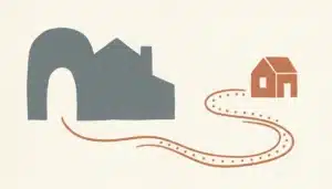 Flat illustration of a curved terracotta path looping from a grey arch to a small house, suggesting repeat guests booking directly