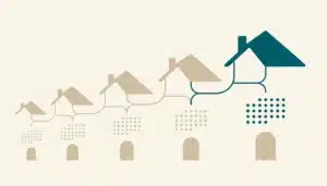 Abstract flat illustration of connected house silhouettes and a dot grid, representing how to scale a vacation rental business without burning out