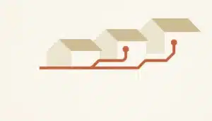 Flat illustration of three simple house rooflines joined by a branching terracotta line, suggesting how to scale a vacation rental business