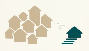 Flat illustration of a teal house shape beside a larger cluster of sand-toned rooflines, evoking vacation rental pricing comparison
