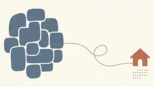 Flat illustration of a terracotta house outline and a looping line from blue blocks, on how to stop repeat guests rebooking via Airbnb