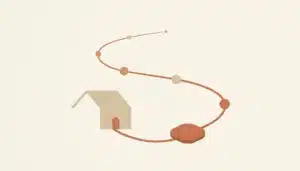Flat illustration of a house outline with a looping terracotta path returning to its door, suggesting past guests rebooking directly