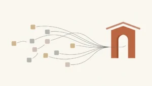 Flat illustration of small tiles linked by curved lines toward a terracotta doorway arch, suggesting social traffic to a vacation rental direct booking site