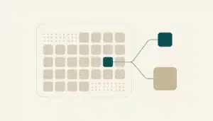 Flat illustration of a dot-grid calendar branching into two nodes, showing how a channel manager prevents double bookings across Airbnb and Vrbo