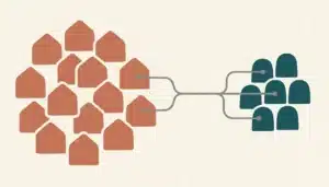 Abstract illustration of connected house and arch shapes showing how does air b and b work as a two-sided marketplace