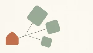 Flat illustration of how dynamic pricing works for vacation rentals across multiple platforms: a terracotta house shape branching to three tiles