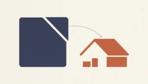 Flat illustration of a large navy block and a smaller terracotta house shape linked by a thin arc, on how much Airbnb charges hosts