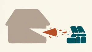 Abstract illustration of a house shape losing a wedge of value, symbolizing how much Airbnb commission costs hosts yearly