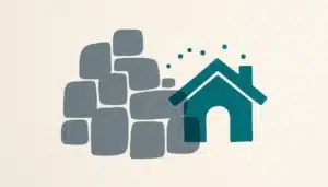 Flat illustration of a large grey tile cluster overlapping a smaller teal house shape, a direct bookings vs Airbnb and Vrbo choice