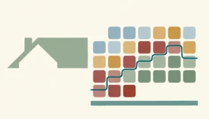 Flat illustration of a house roofline beside a grid of tiles and a teal stepped line, representing dynamic pricing for a vacation rental