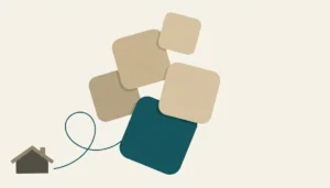 Abstract flat illustration of four rounded tiles and a looping line to a small roofline, for AI tools worth using for rental hosts