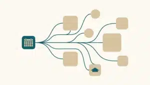 Flat illustration of a teal calendar-grid tile branching to scattered nodes, illustrating what a vacation rental channel manager does