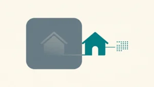 Flat illustration of a faded grey house shape beside a bright teal house with arched door, for what happens if Airbnb suspends a listing