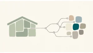 Flat illustration of a house roofline linked by a branching line to seven rounded tiles, for software provider vetting before signing up