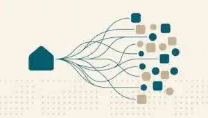 Flat illustration of a teal house roofline linked by branching lines to scattered nodes, representing channel management for vacation rentals
