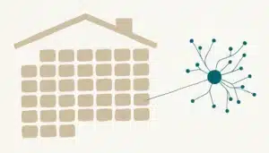 Abstract flat illustration comparing a PMS and a channel manager: a tile grid with a roofline beside a teal hub with branching lines