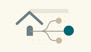 Flat illustration of a house outline with a branching line leading to teal and sand nodes, on why Airbnb keeps guest contact information