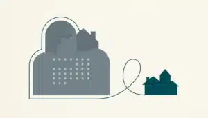 Flat illustration of two geometric house-shaped clusters side by side, a teal one and a grey one, on a neutral background